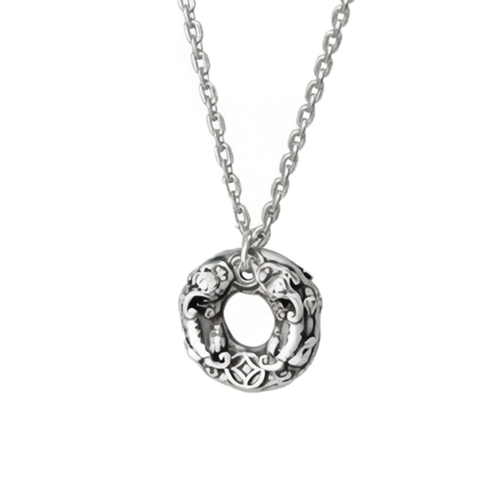 PAMTIER Men Women Safety Buckle Hollow Round Pendant Necklace Double-Sided 3D Pi Xiu Relief Design Vintage Distressed Chinese Lucky Jewelry Biker Hip Hop Antique Silver Plated O-Shape Chain
