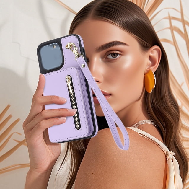 PU Leather Flip Phone Wallet with Hand Strap Card Slots and Detachable Lanyard for 17 Protective Cover