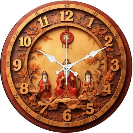 SBEMP10 Inch Silent Wall Clock, God of Fortune Wood Carving Chinese Style Decorative Wall Clock, Battery Operated Non-Ticking Round Clock for Living Room Bedroom Traditional Home Decor