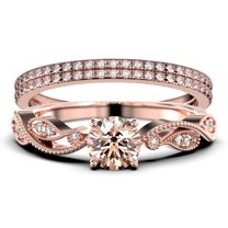 Dazzling Boho & hippie 2.25 Carat Round Cut Morganite And Diamond Moissanite Classic Inspired Engagement Ring, Unique Twist Band Wedding Ring in 10k Solid Rose Gold, Promise Ring, Two Matching Band