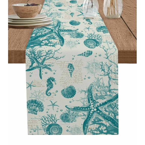 Hokiten Table Runners 48 Inches Long Dress Scarves, Turquoise Starfish Farmhouse Kitchen/Dining Table Runner, Short Coffee Tablerunners, Ocean Nautical Seahorse Coral Shell 13x48 Inch