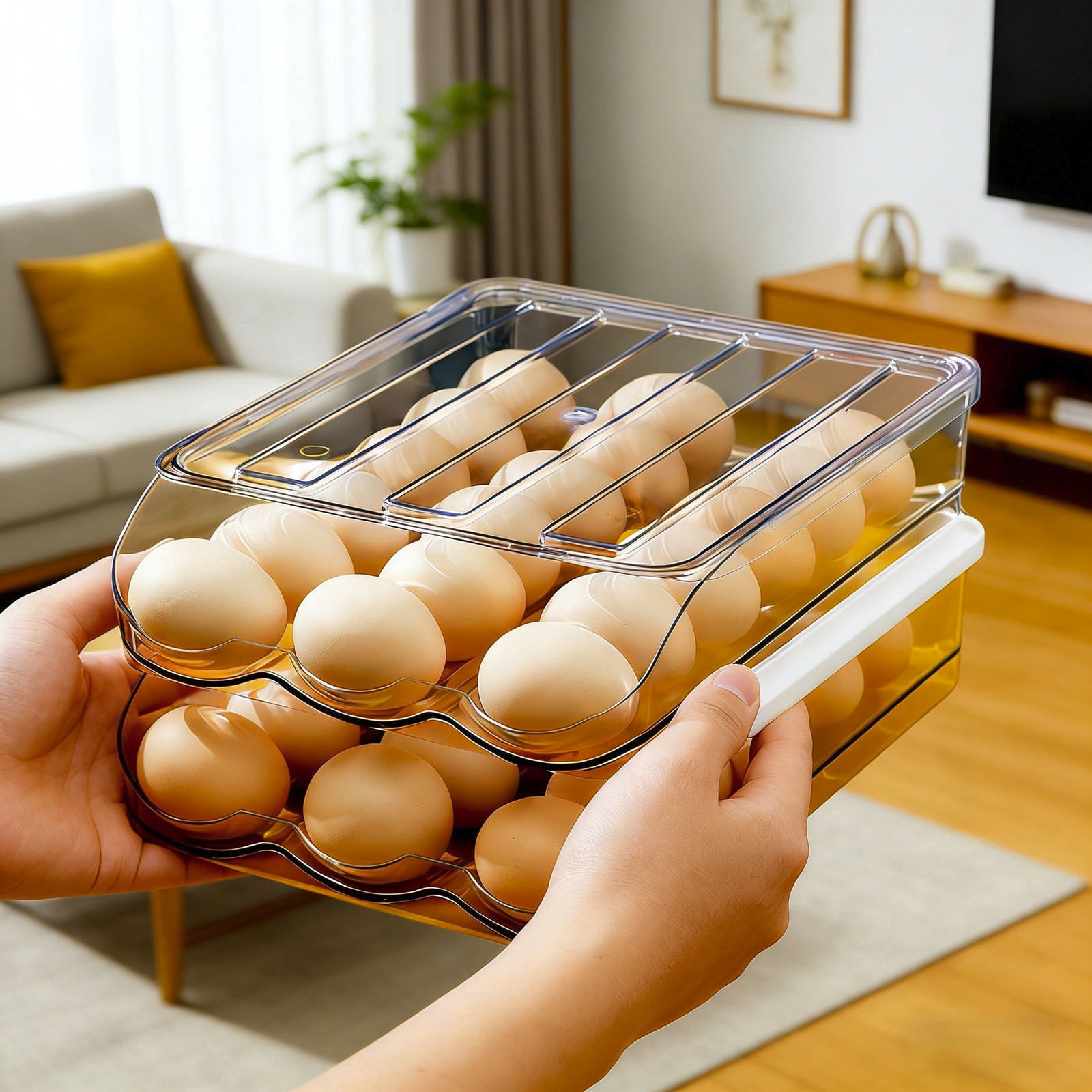 Large Capacity 2 Tier Egg Holder for Refrigerator with Lid Holds 36 Eggs, Clear Stackable Storage Container Organizer for Fridge or Kitchen Countertop Use