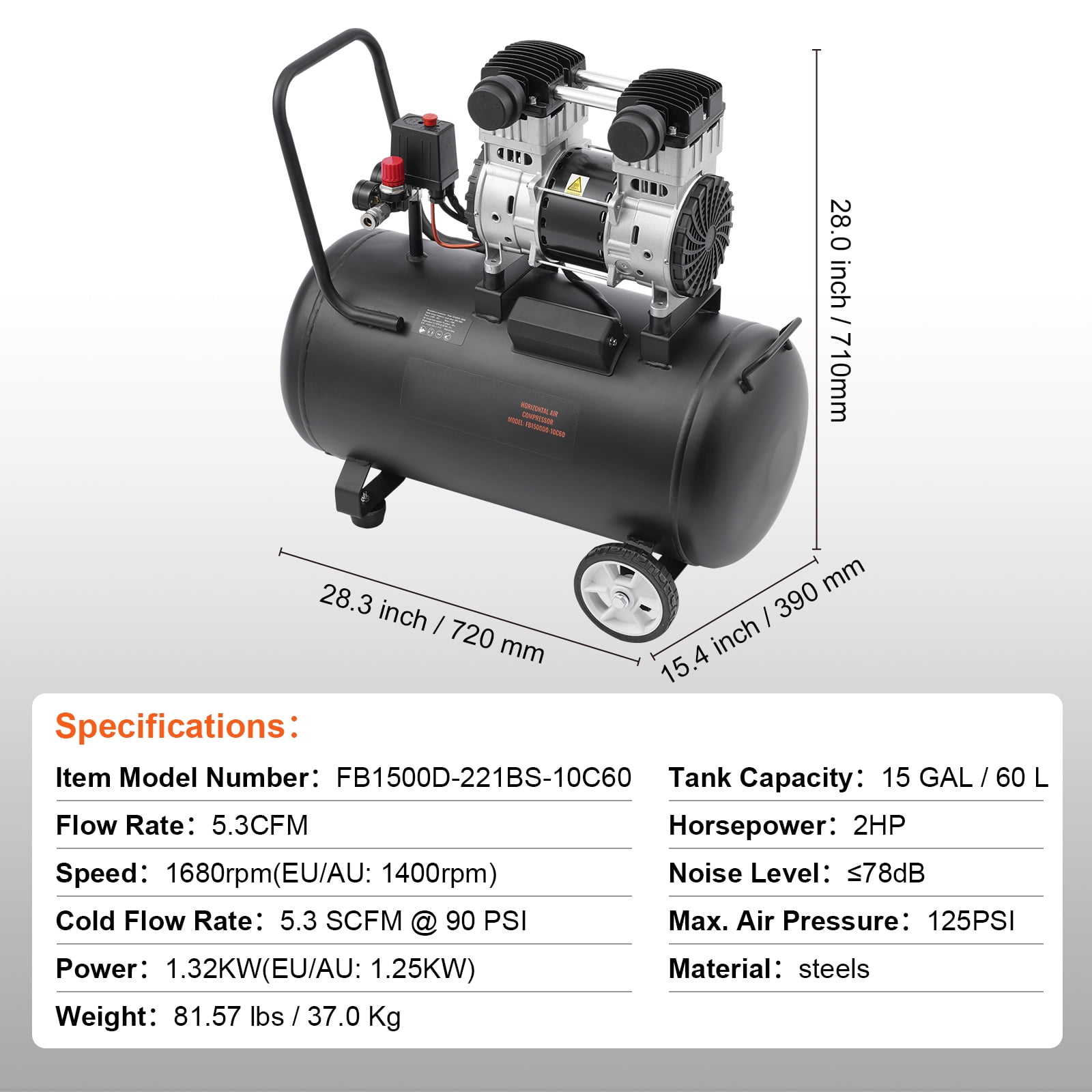 KFFKFF Air Compressor with 15 Gallon Steel Tank, 2HP, 5.3 CFM@90 PSI, Oil-Free Operation & Max 125PSI. Quiet 78dB for Auto Repairs, Tire Inflation & Spray Paint