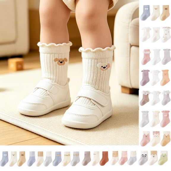 3 Pack Baby Cotton Crew Socks, Cute Cartoon Toddler Socks, Soft Stretchy Mid Calf Socks for Infant Boys Girls, 0-3 Years Old