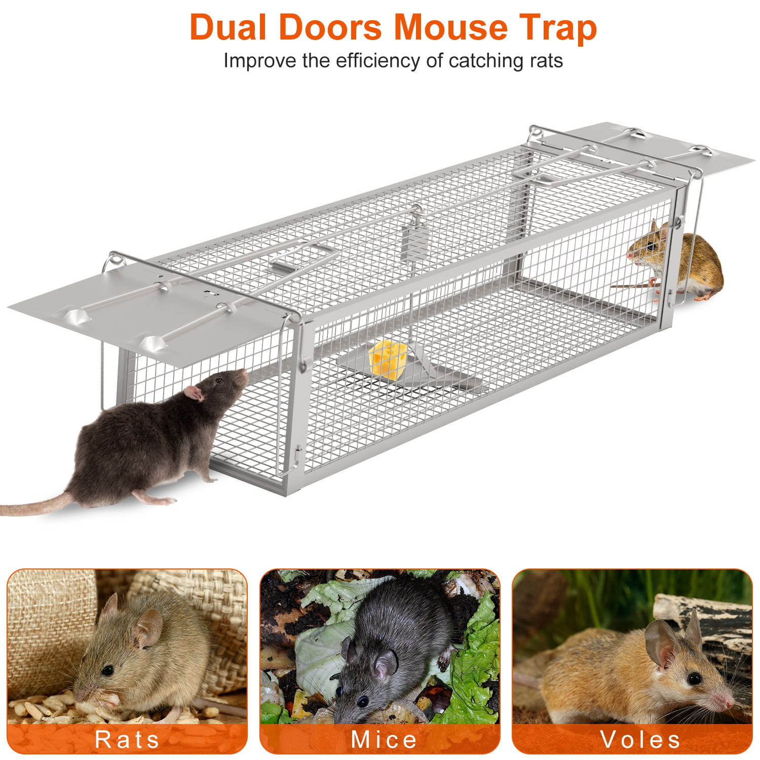 Zorpupoa 1Pc 16.53x6.1x4.33in Electroplating Zinc  Live Humane Rat Trap Dual DoorMouse Rodent Dense Mesh  Cage  with 2 Detachable U Shaped Rod