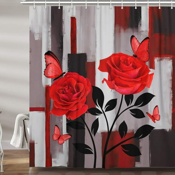 Red and Black Rose Shower Curtain, Valentine''s Day Romantic Lovers Floral Fabric Shower Curtains Set for Woman Bathroom Decorative, Restroom Decor Accessories with Hooks 72X72 Inch