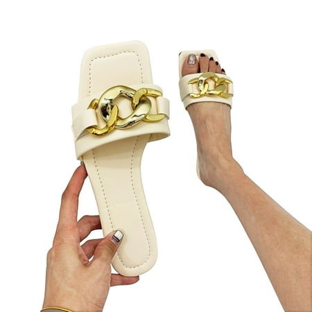 

TANGON Summer Flat-bottomed Flip Flops Fashion Metal Buckle Retro Square Head