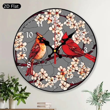 Cardinal Lovebirds Round Wall Clock, Male and Female Birds Stained Glass Moonlight Indoor Decor, New Gifts for Women