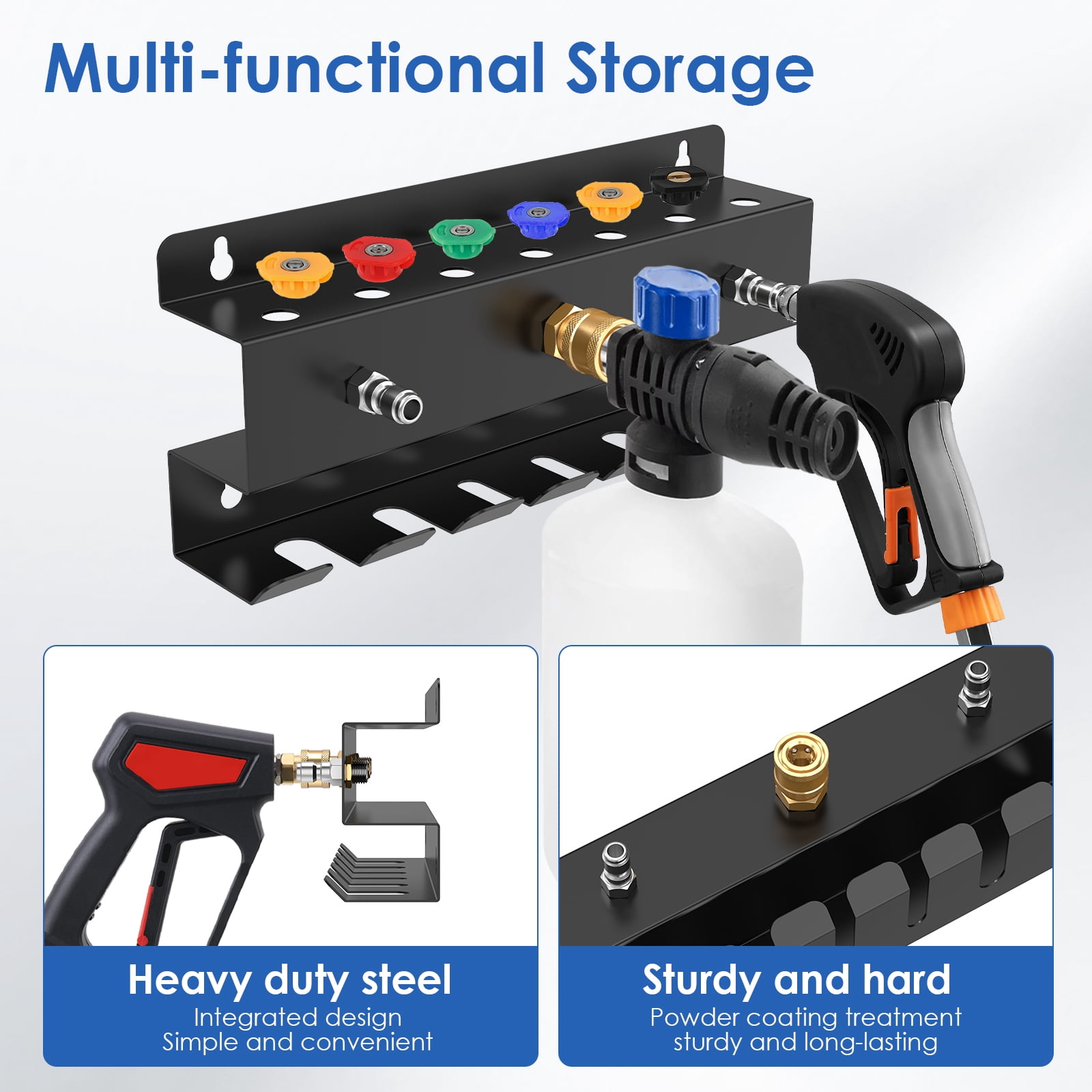 Pressure Washer Tool Organizer Rack Wall Mounted Thickened 1/4'' Car Wash Accessory Holder for Foam Cannon Wand Nozzle Tip
