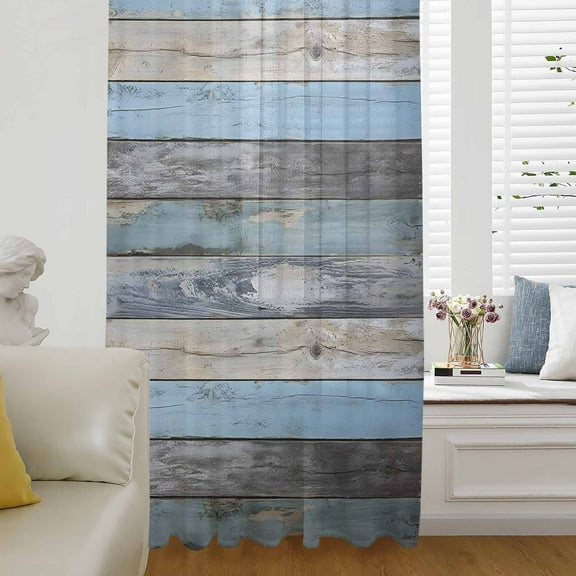 Vintage Blue Brown Grey Semi Sheer Curtains Drapes for Living Room, Bedroom, French Doors Window 63 Inches Long, Retro Farmhouse Wooden Country Rod Pocket Chiffon Curtain Drapery Voile Drape Panel