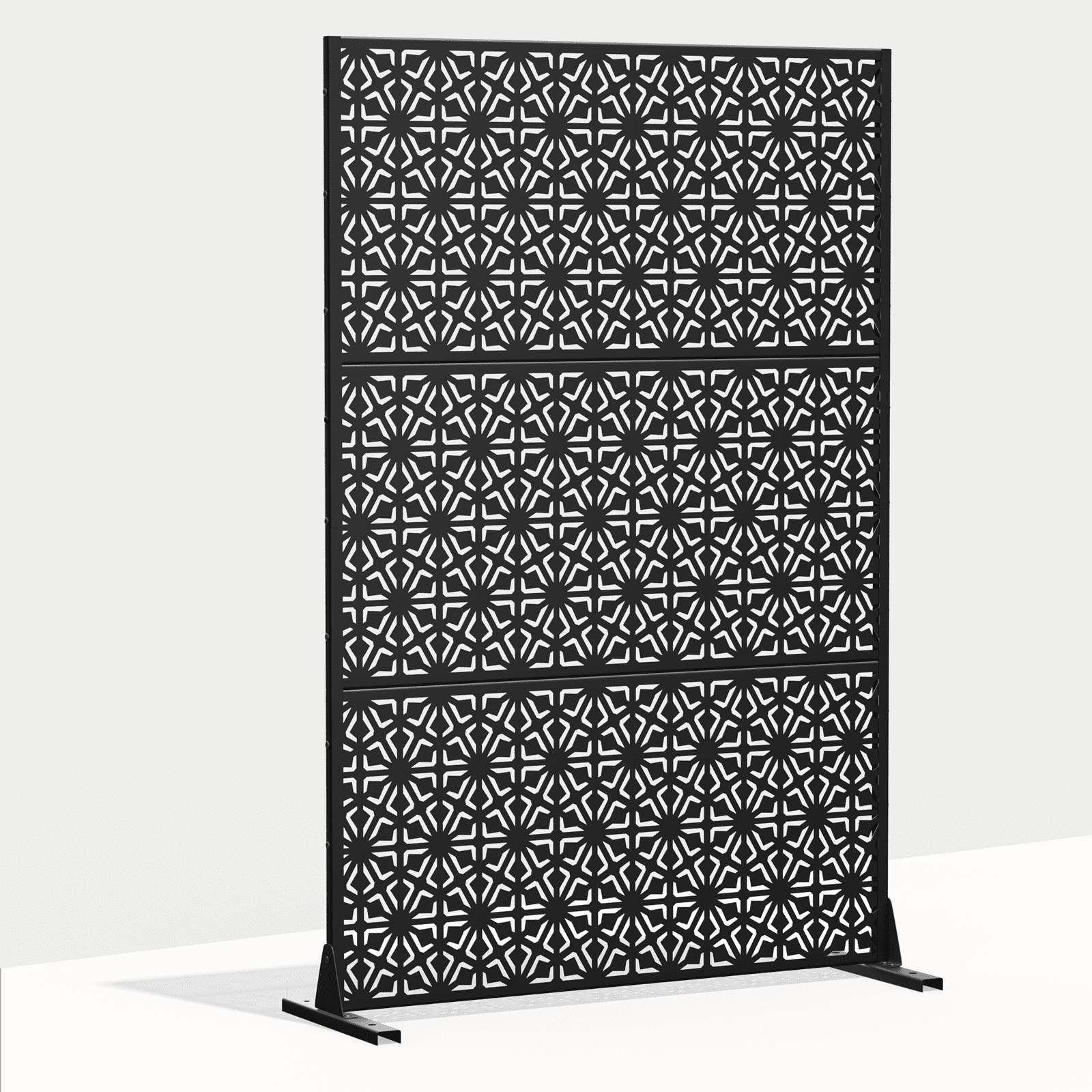 MAYEERTY 72"x47" Outdoor Privacy Screen with Stand, 3 Panels Metal Garden Decorative Screen, Black