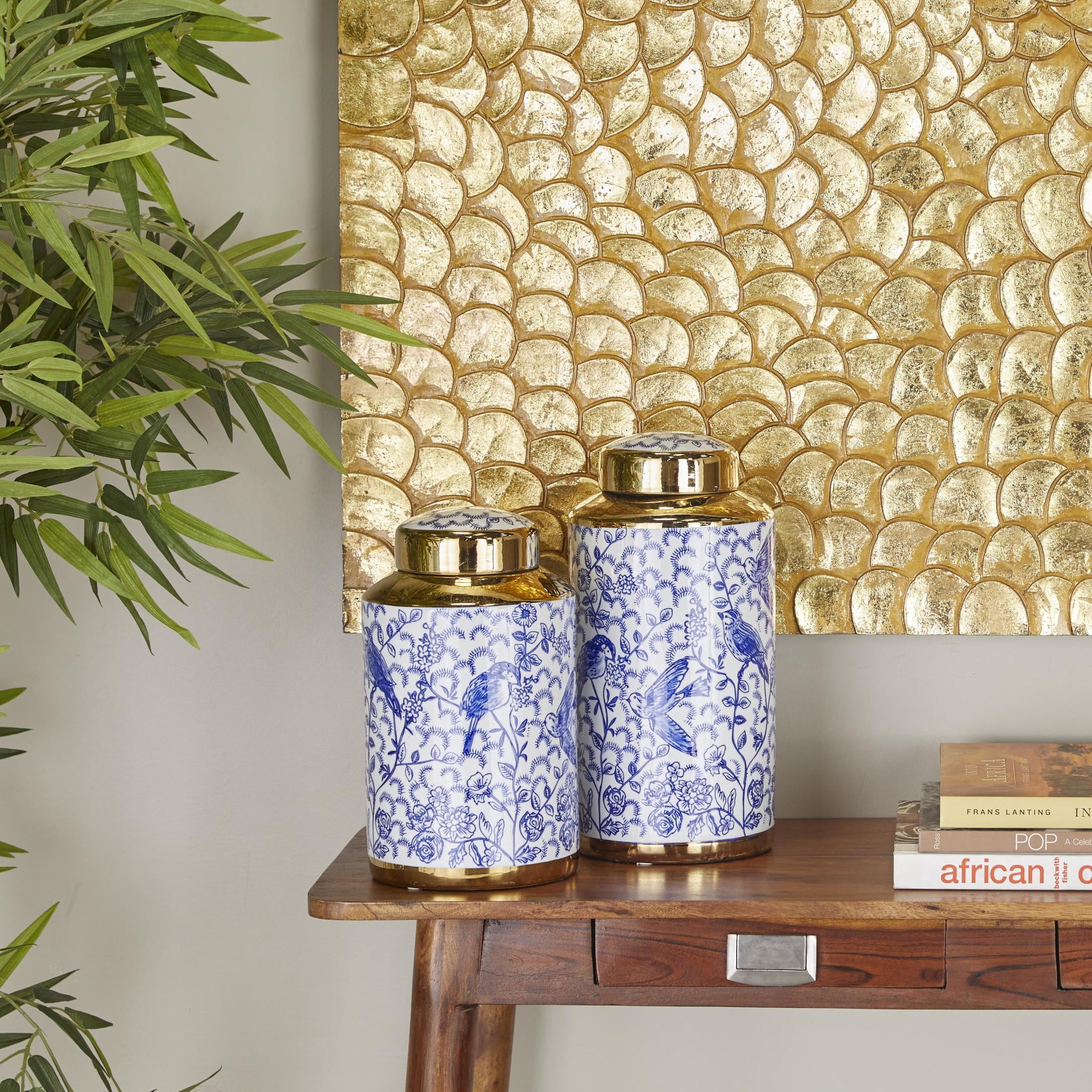 DecMode 14", 12"H Blue Ceramic Floral Decorative Jars with Gold Accents, 2-Pieces