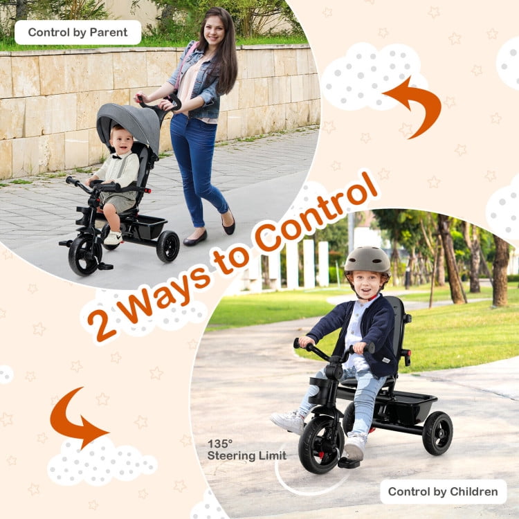 Spaco 4-in-1 Baby Tricycle Toddler Trike with Convertible Seat-Gray, Compact Stroller for Infant & Toddler
