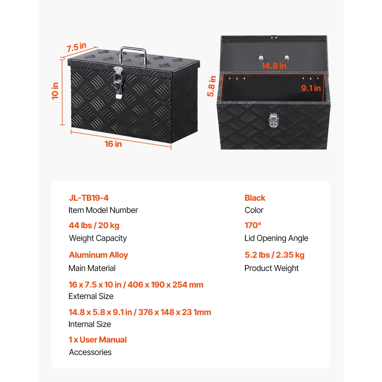 KFFKFF Durable Aluminum Truck Bed Tool Box, Textured Storage Box with Side and Top Handles, Organizer Chest for Trailers, Pickups, RVs, 16"x7.5"x10", Black