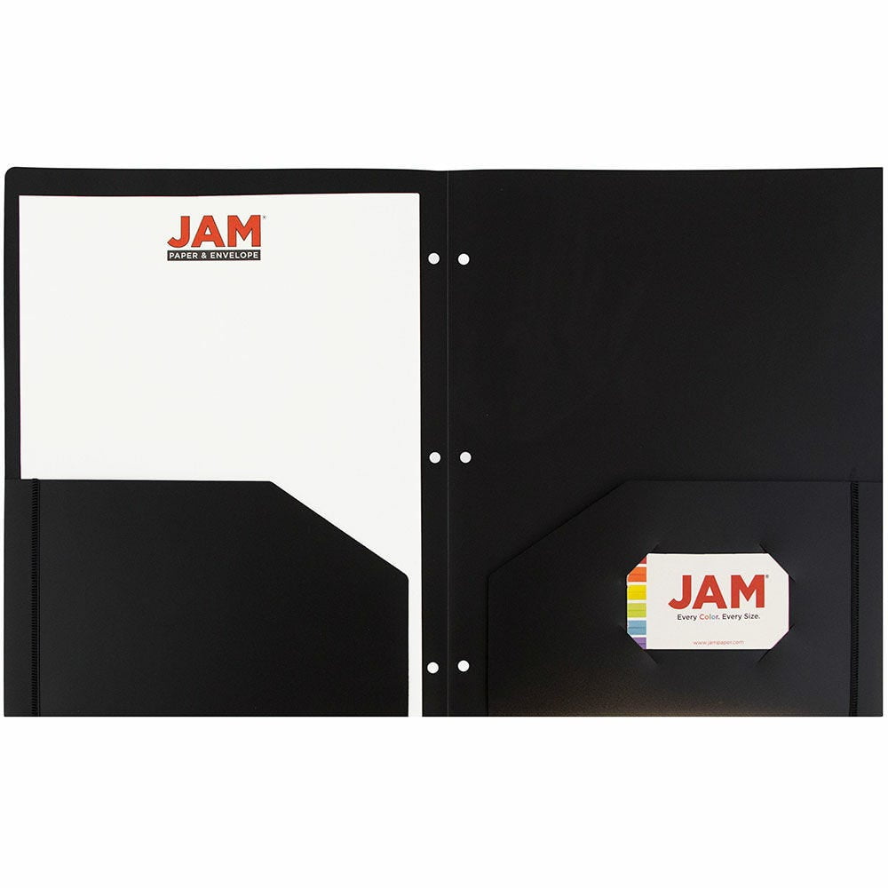JAM Paper Heavy Duty Plastic 3 Hole Punch Pocket Folders, Extra Tough, Black, Bulk 48/Pack