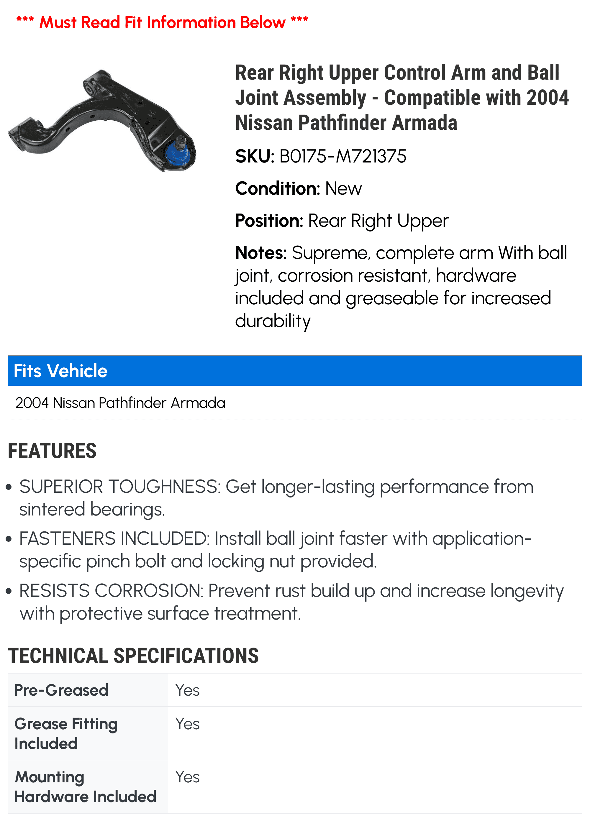 Rear Right Upper Control Arm and Ball Joint Assembly - Compatible with 2004 Nissan Pathfinder Armada
