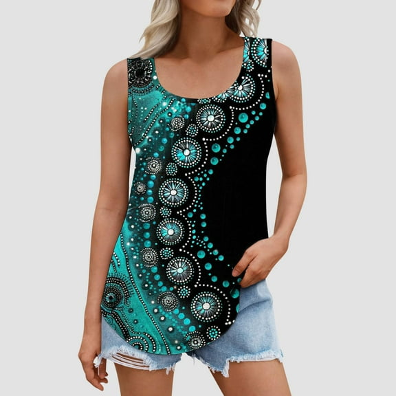 Jinhomg Womens Flowy Tank Tops Casual Loose Boho Floral Print Pleated Tops Lightweight Comfy Scoop Neck Sleeveless Camis Plus Size Shirts Multicolor L