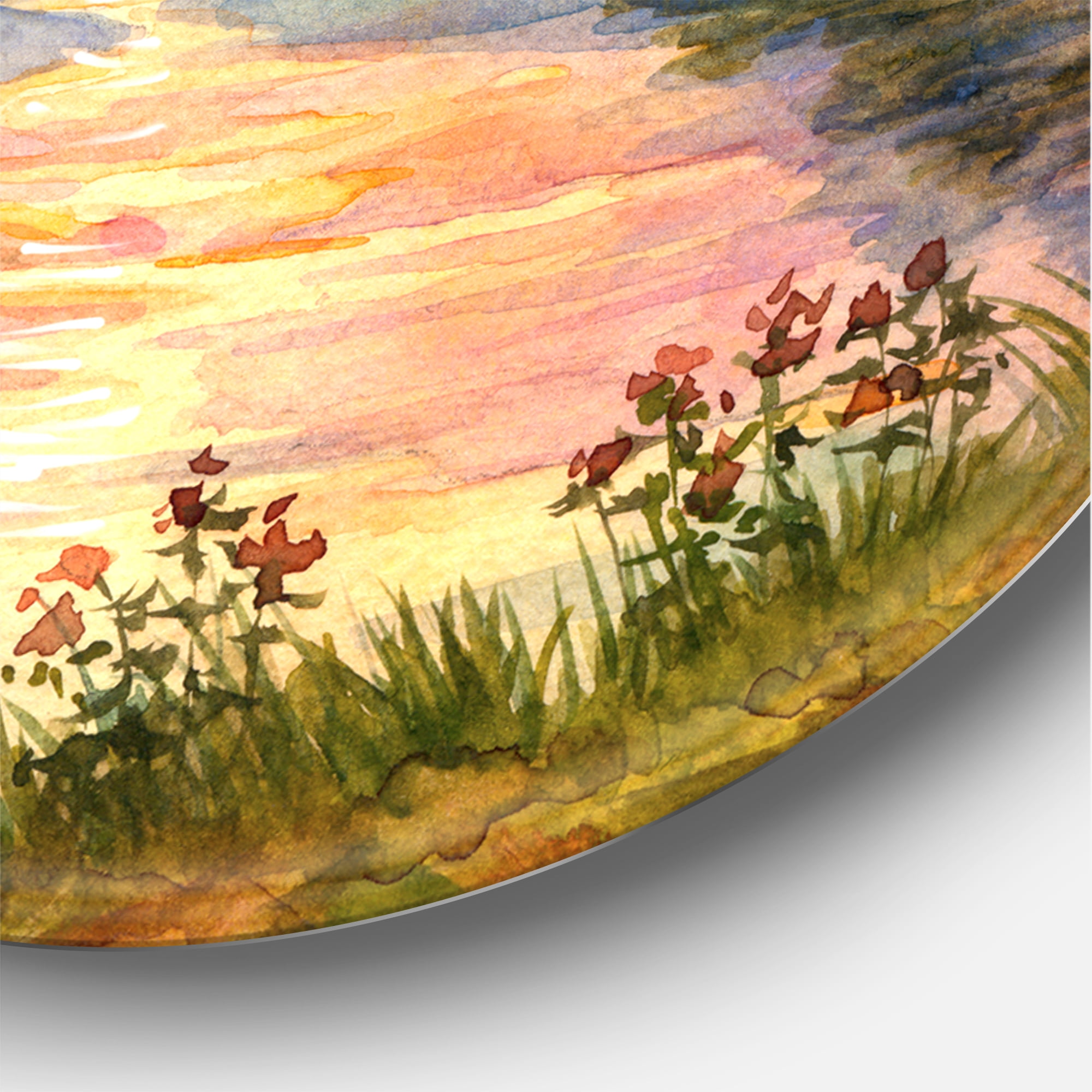 Designart 'The Rural Lake In Sunset Evening I' Traditional Circle Metal Wall Art 36x36 - Disc of 36