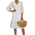 thumbnail image 2 of Ahabrexf Women's Casual Dress, Flowy Linen V-Neck Midi with Three-Quarter Sleeves for Warm Weather, 2 of 9