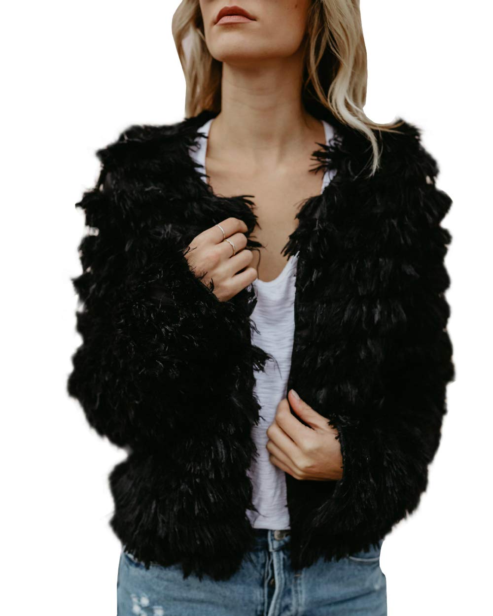 Womens Open Front Faux Fur Coat Vintage Parka Shaggy Jacket Cardigan