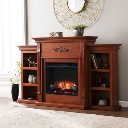 Sei Tinnely Soft traditional style Bookcase Electric Fireplace in Mahogany finish