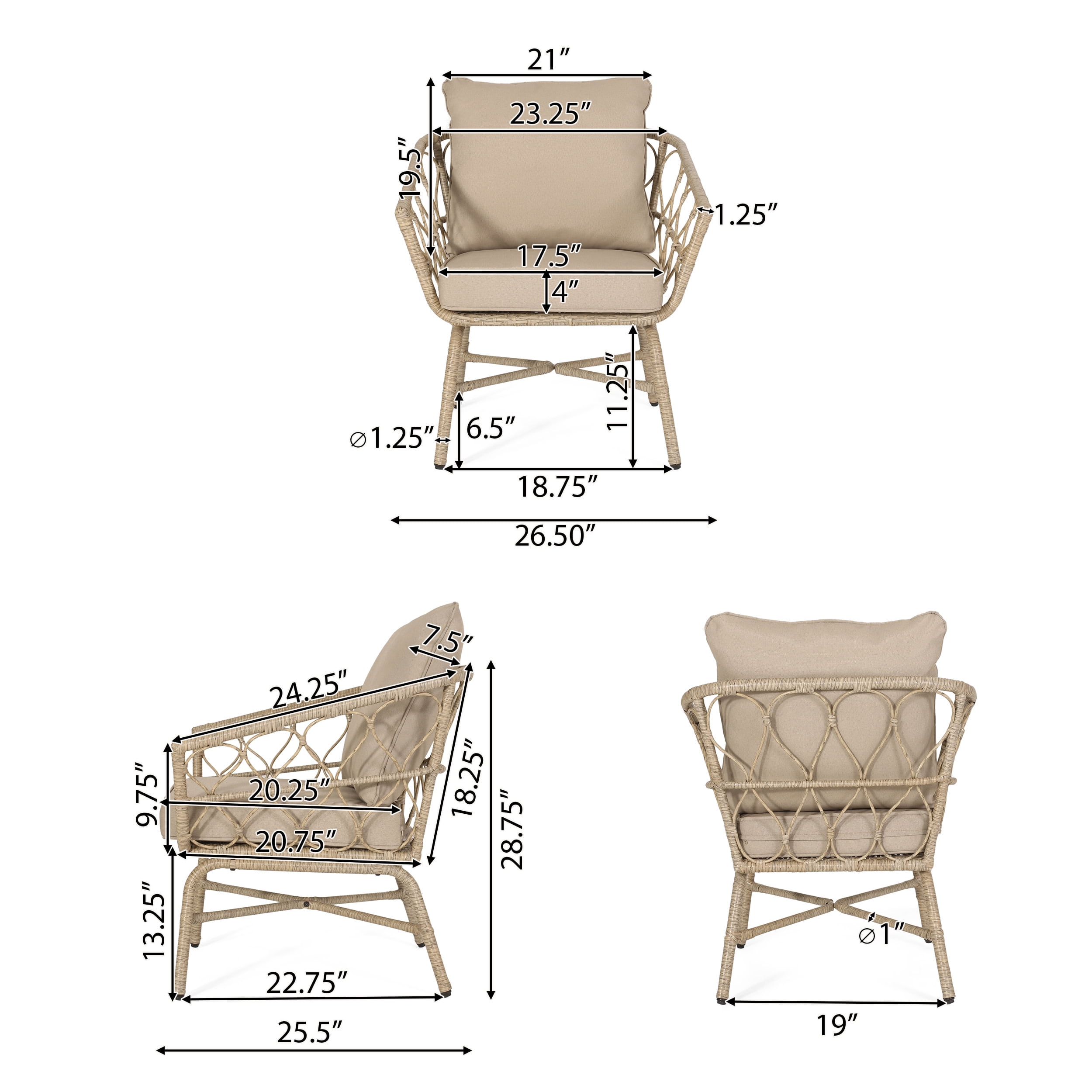 Montserrat Wicker Outdoor 3 Piece Chat Set with Cushions, Light Brown and Beige