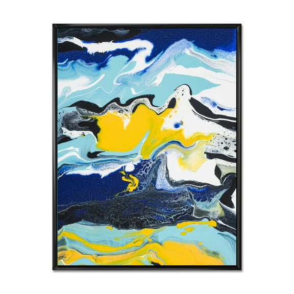 Designart 'Abstract Marble Composition In Blue and Yellow II' Modern Framed Canvas Wall Art Print