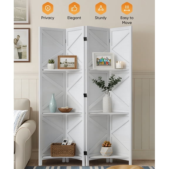 Jostyle 4 Panel Room Divider Privacy Screen with Storage Shelves - Foldable Partition with Natural Paulownia Wood Frame for Living Room, Bedroom, Office White
