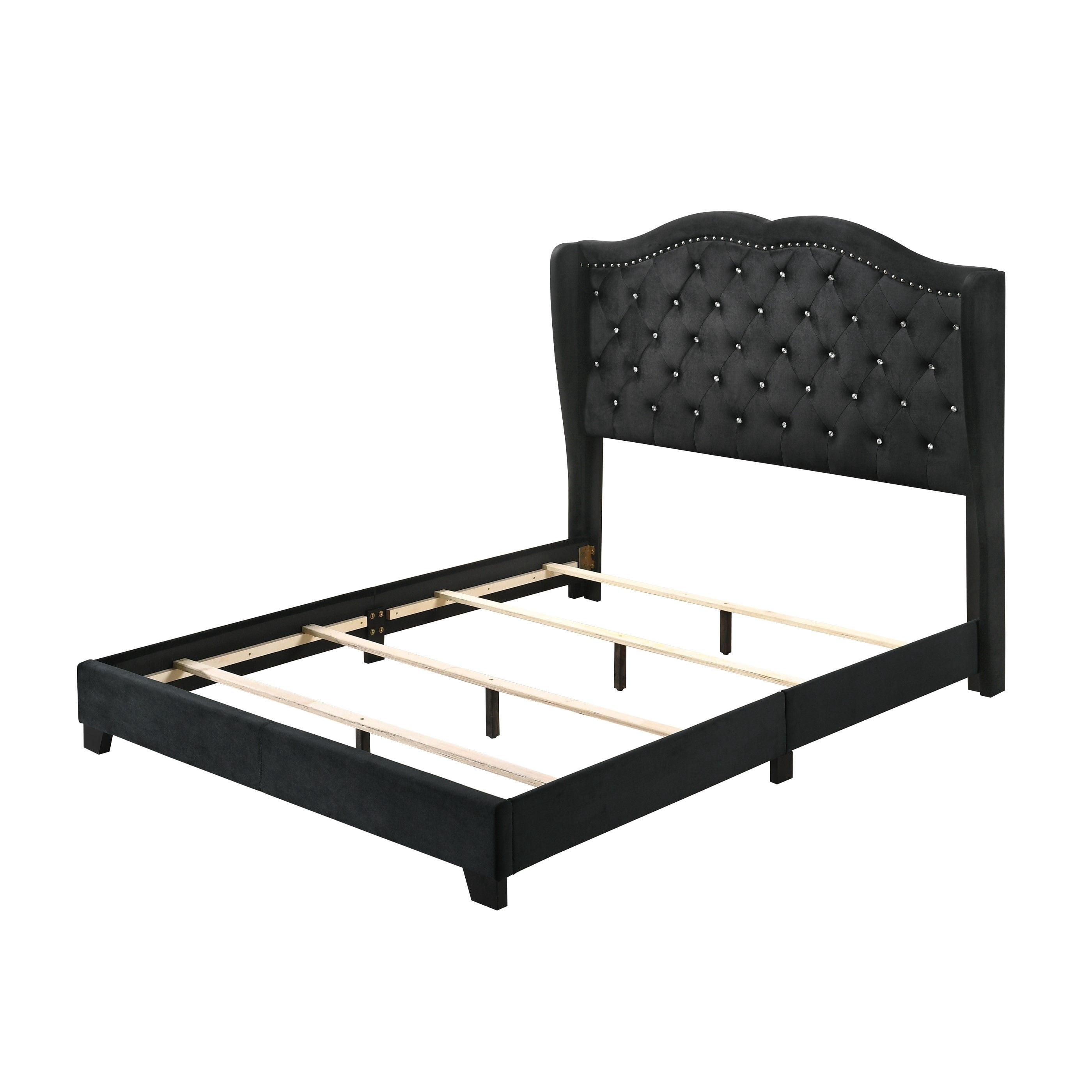 Home Design Aiden King Upholstered Panel Bed Frame with Tufted Headboard for Adult, Black, Easy Assembly