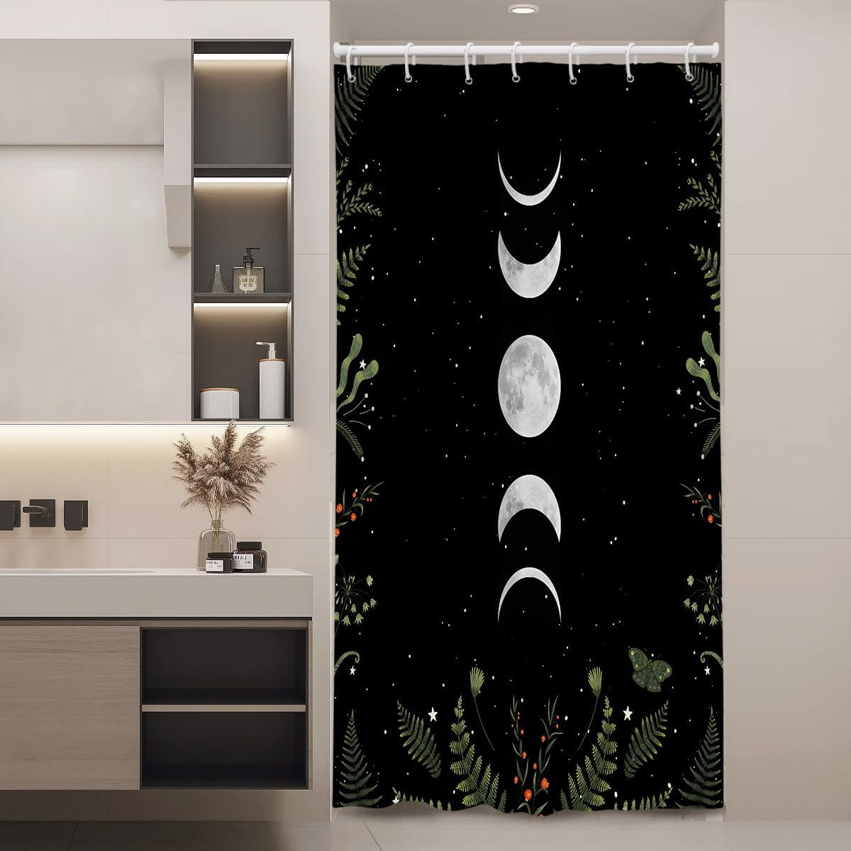 Moon Phase Shower Curtain Moonlit Goth Gothic Witch Witchy White Mysticism Celestial with Red Floral Leaves Plants Design Bathroom 36x72 Inch Polyester Fabric Waterproof 12 Pack Hooks