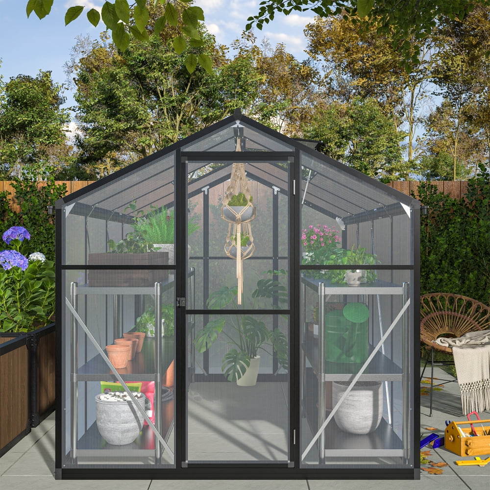 Aluminum 6x8 FT Walk-In Greenhouse with Polycarbonate Panels, Quick Setup Structure, and Roof Vent for Outdoor Garden