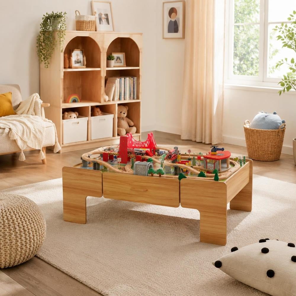 Kids Wooden Train Table 100-Piece Double-Sided Set with Storage Drawer Tracks Bridges and Tunnel