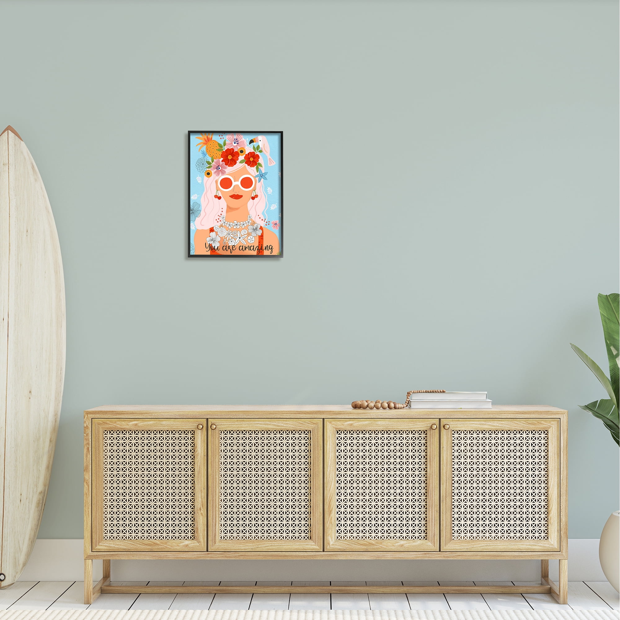 Stupell Industries You Are Amazing Motivational Floral Woman Portrait Graphic Art Black Framed Art Print Wall Art, Design by Sharon Lee