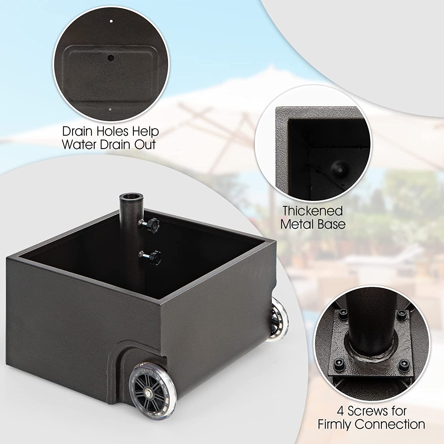 LEHOME 170LBS 2-in-1 Patio Umbrella Base, Fillable Umbrella Stand with 2 Universal Wheels, Garden Flower Box with Drainage Hole, Outdoor Heavy Duty Umbrella Stand for Courtyard, Poolside (Black)