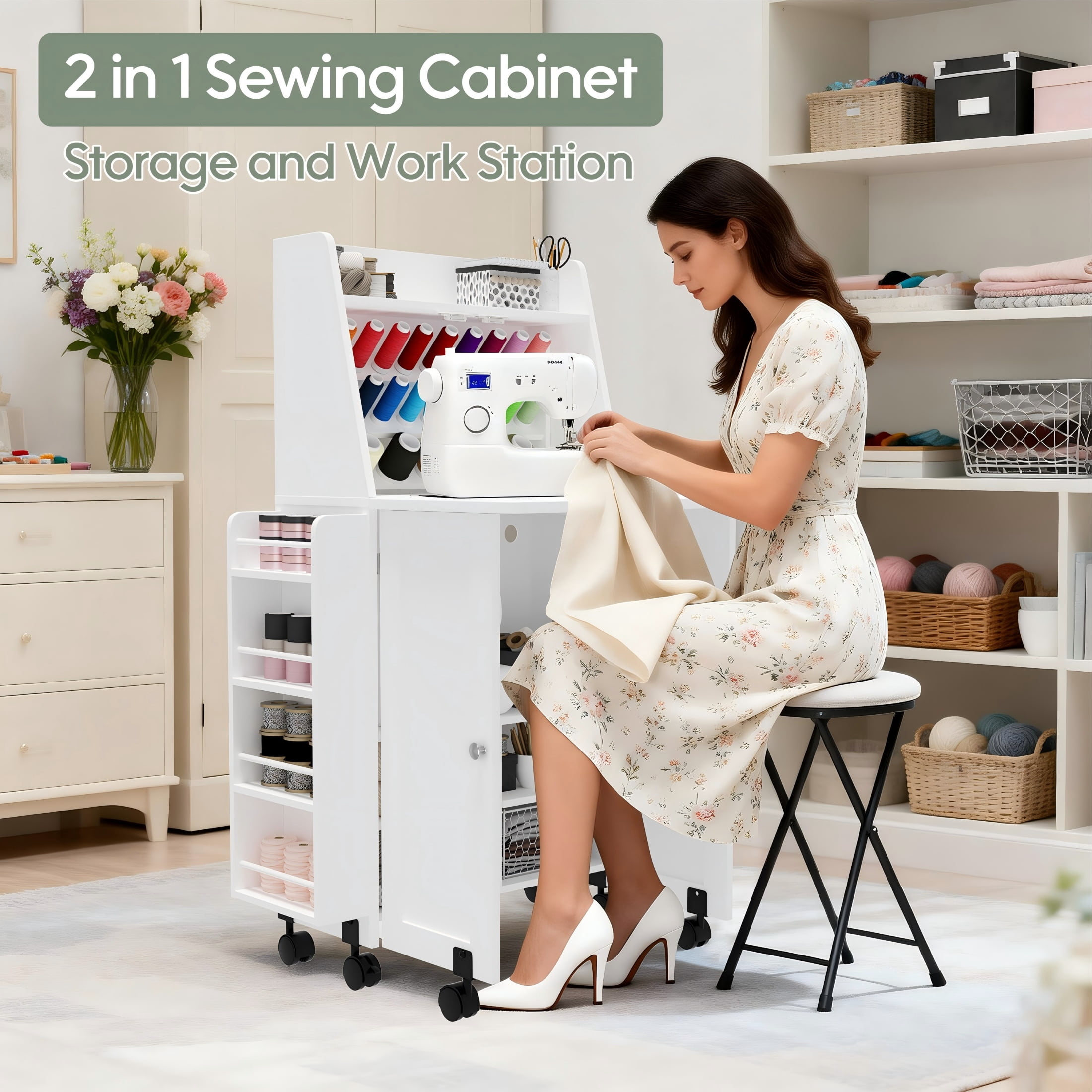 WARAYZ  Sewing Table & Storage Cabinet, Built-in Power Outlets, Spool Racks, Mobile Craft Desk with Lockable Wheels for Small Spaces, White