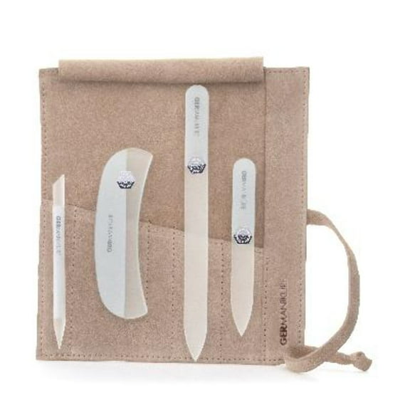 GERMANIKURE Crystal Glass Nail File Set in Beige Suede Case – Handmade in Czech Republic – Professional Manicure & Pedicure Supplies – Glass Cuticle Stick, Pusher, Callous Remover
