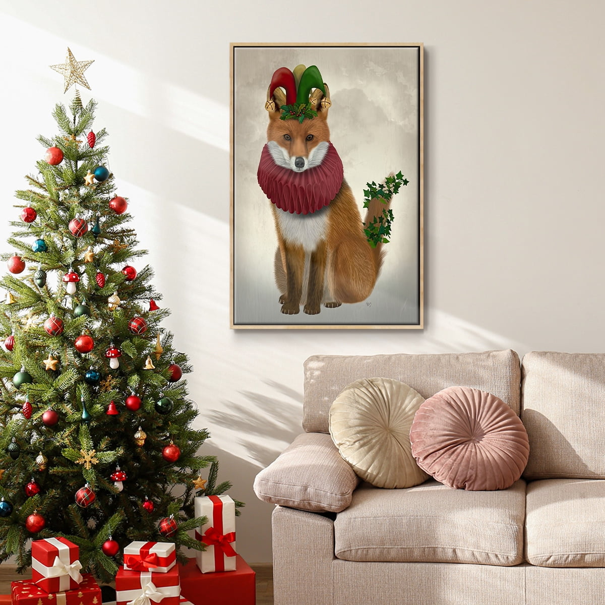 Christmas Holly and Ivy Fox - Framed Gallery Wrapped Holiday Canvas - 27 x 41 - Natural Wood Frame