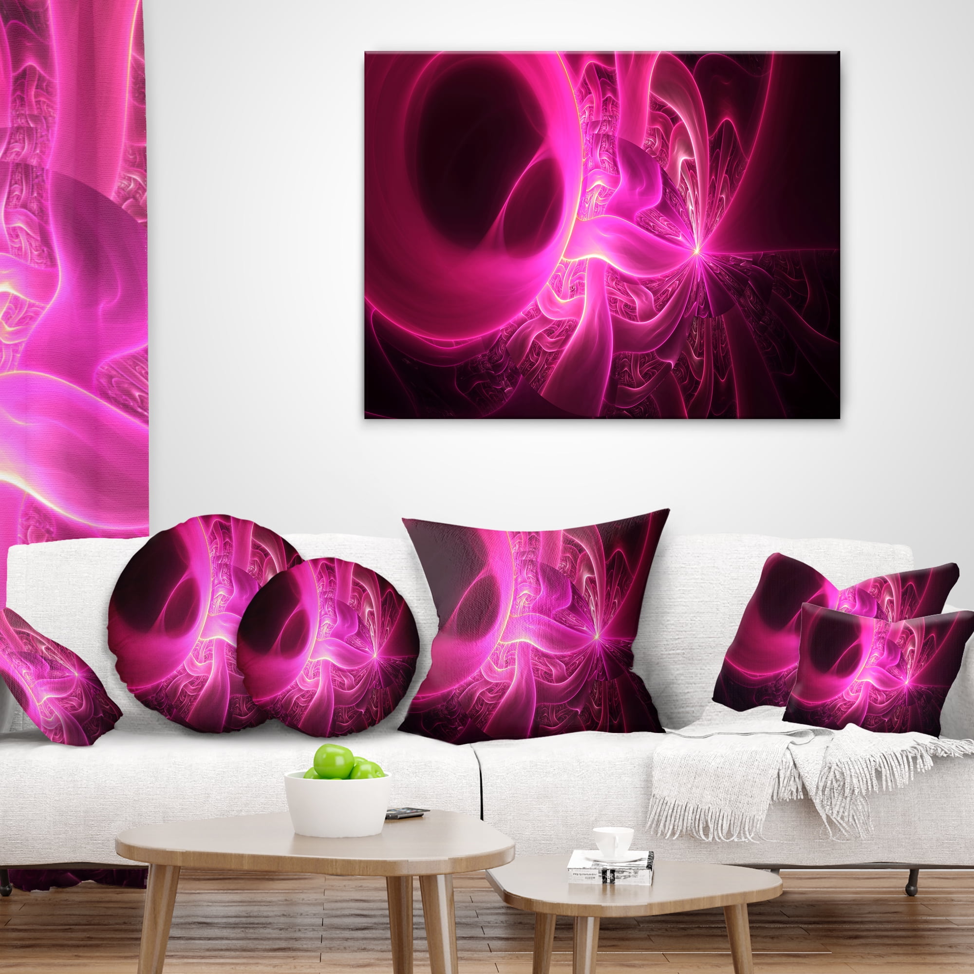 Designart Bright Pink Designs on Black - Abstract Throw Pillow - 12x20