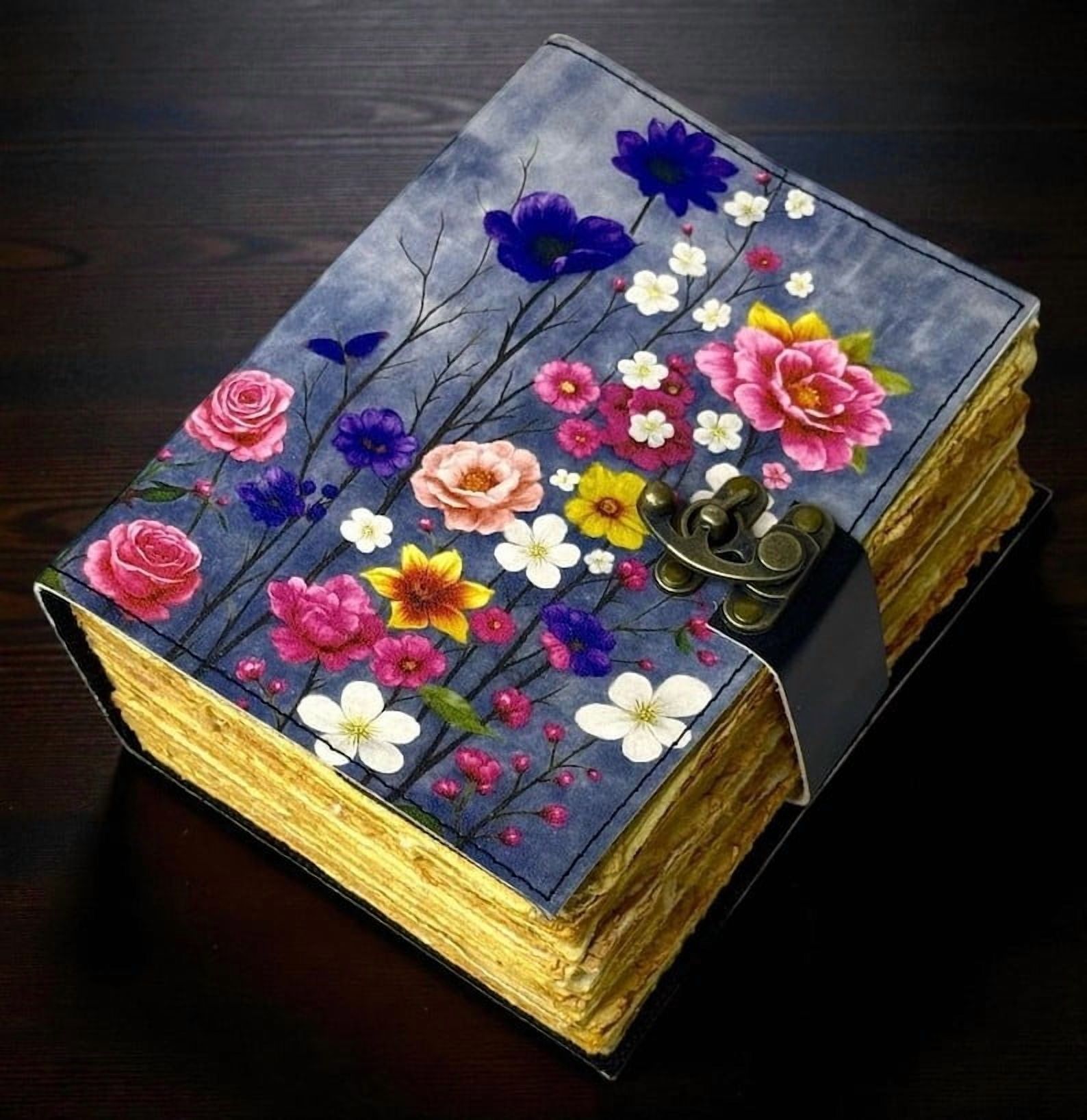 Handmade Leather Journal with Colorful Floral Artwork – 5x7 Inch Vintage Notebook, 200 Pages of Handmade Paper, Antique Latch – Writing, Sketching & Gift Diary