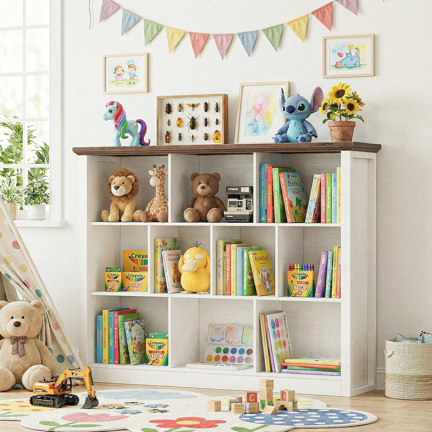 Homieasy 50" Wood Cube Storage Organizer, 10 Cube Storage Book Shelf, Wooden 3 Tiers Floor Standing Low Bookcase for Living Room, Bedroom, Home Office, Kids Room, White & Rustic Brown