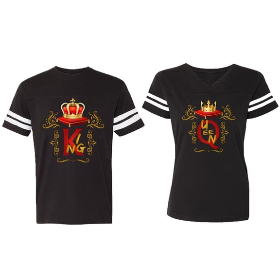 King Queen Gold Crown Matching Couple Cotton Jerseys (Men Black / Women Black) (Men S / Women S)