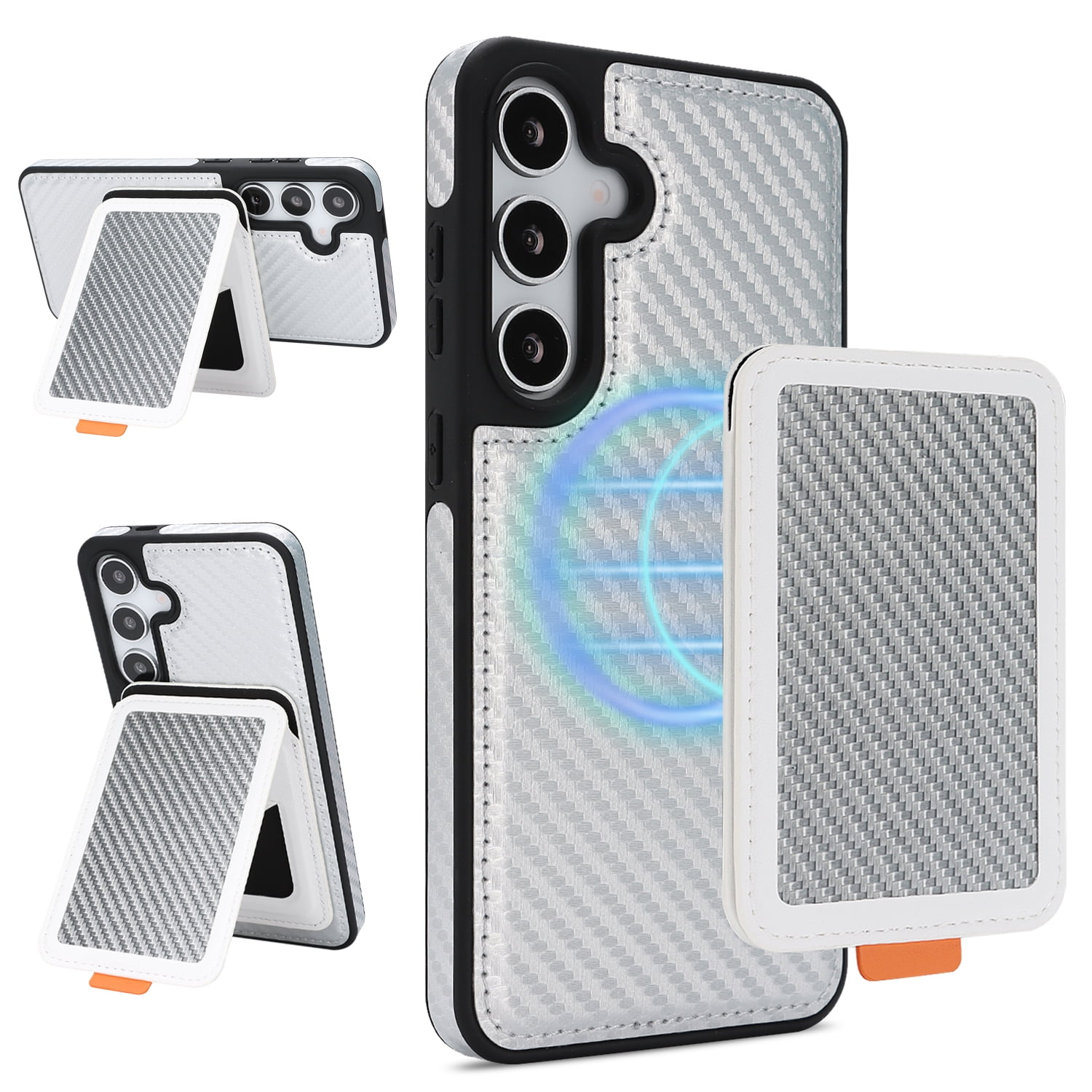 For Samsung Galaxy S24 2-in-1 Wallet Phone Case Magnetic Detachable Cared Holder With Contractile Kickstand Compatible with Mag-Safe Fiber Pattern PU Leather Shockproof Phone Case White