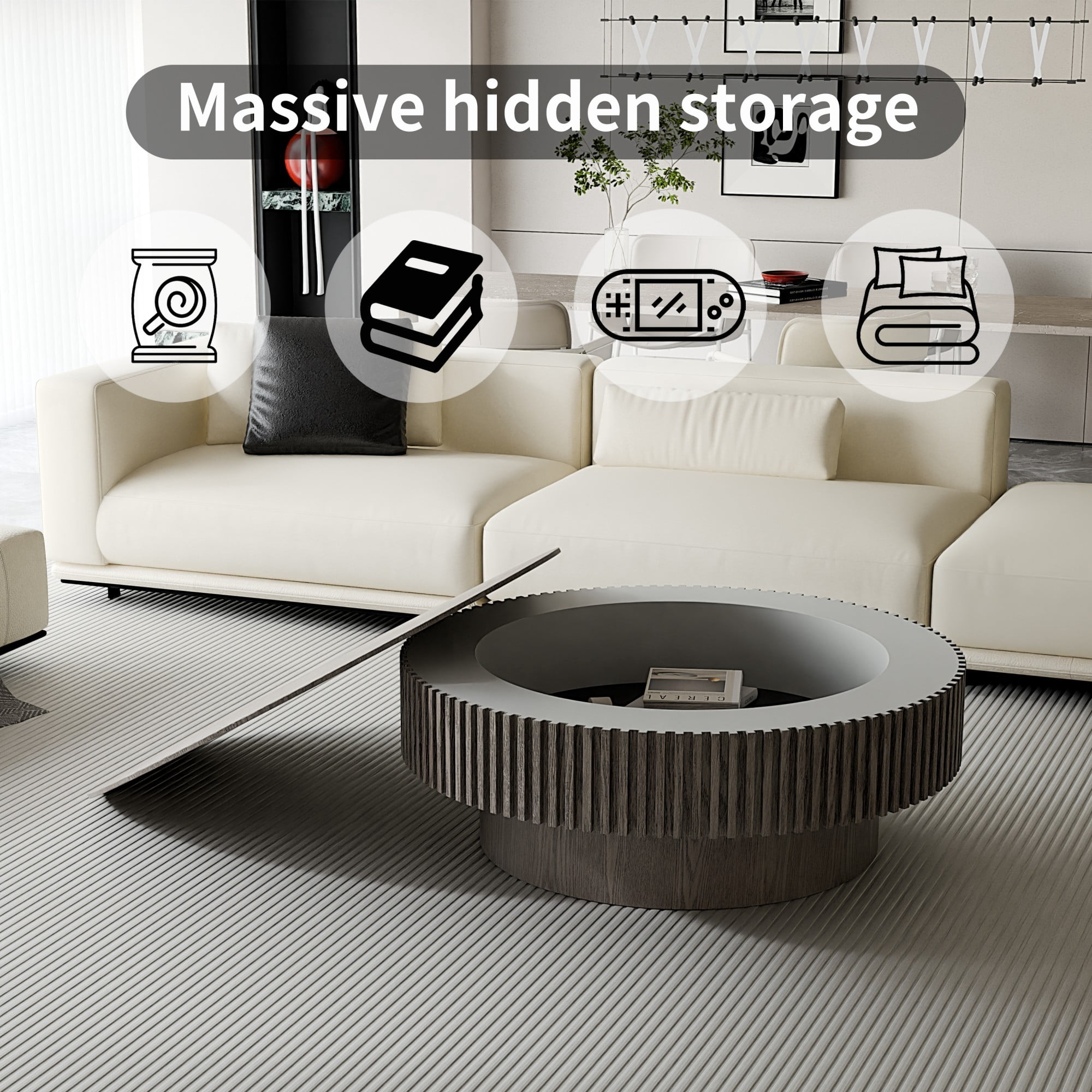39.37" Round Coffee Table with Storage, Fluted Modern Coffee Table with Hidden Storage, Wood Veneer Center Table for Living Room, Grey