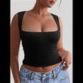 thumbnail image 4 of Tops Cortos Sin Mangas con Cuello Cuadrado para Mujer 2025, Bonitos Tops de Tirantes Y2K de Doble Capa, Sin Costuras y Ajustados Negro XL, 4 of 8