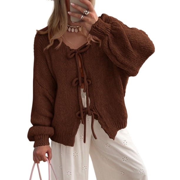 Suéter PRETTYGARDEN con Lazo Frontal, Tejido Grueso, Color Caramelo, Talla L