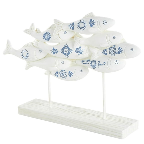 15" x 10" White Polystone Fish Sculpture with Blue Floral Patterns and Stand, by DecMode