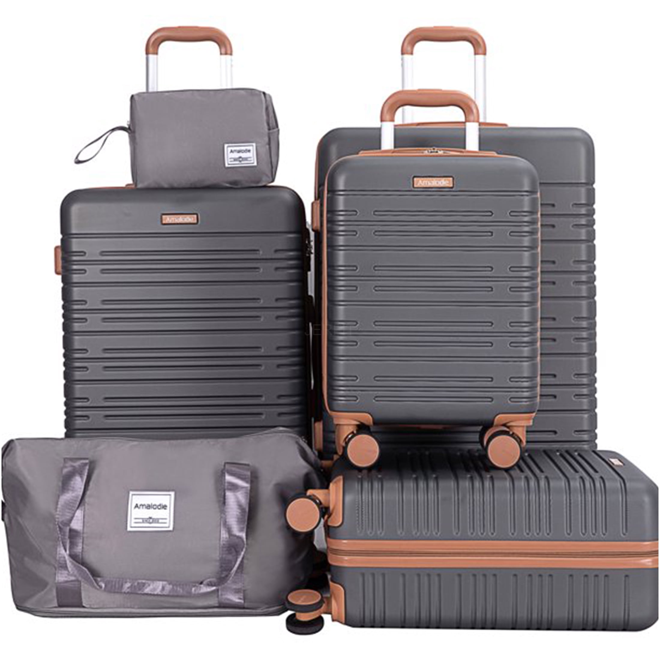 JERFIT 6-Piece Hard Shell Luggage Set with TSA Locks, 360° Spinner Wheels, Expandable Duffel, Gray ABS Suitcases for Travel