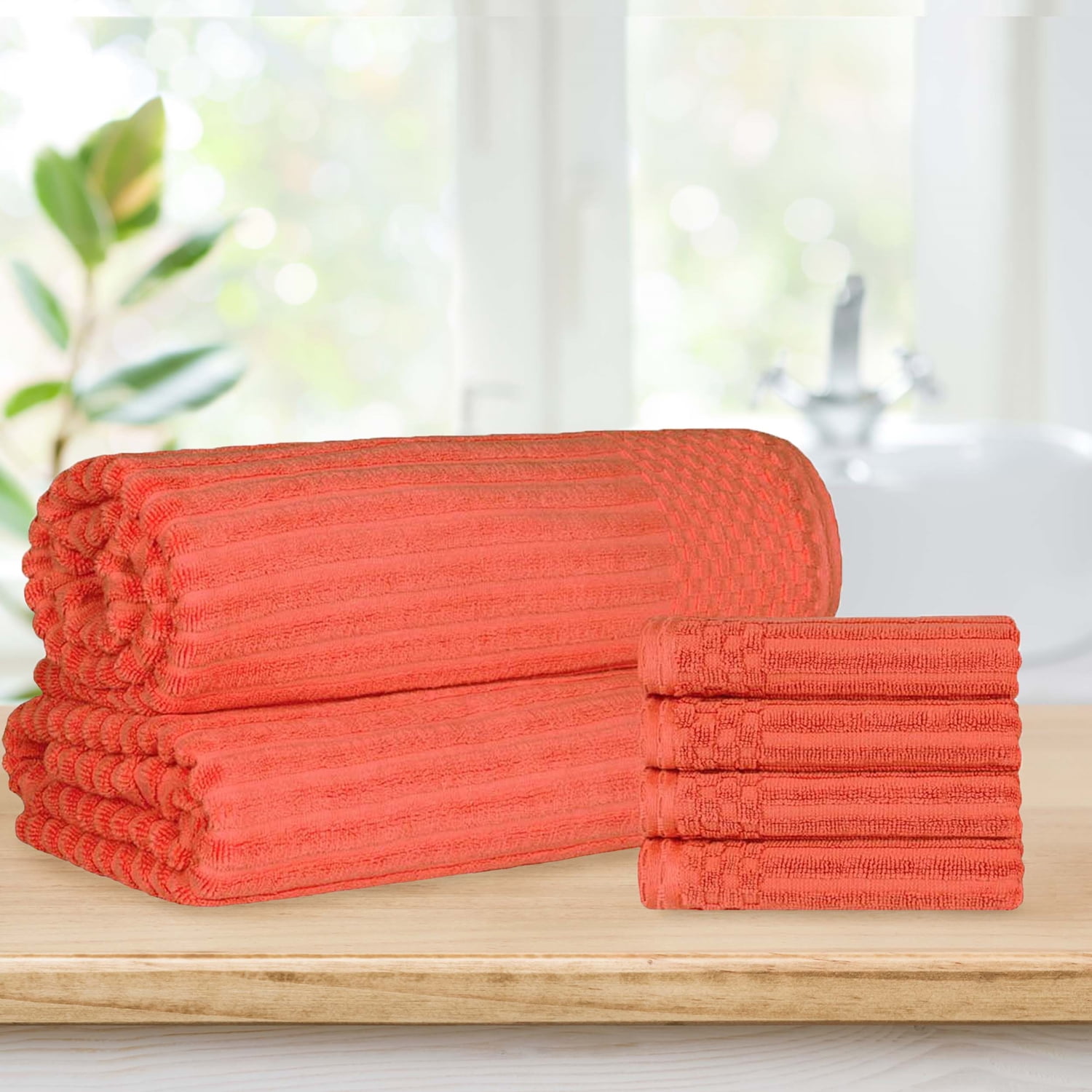 Superior Ribbed Cotton 6-Piece Coral Bath Sheet/ Hand Towel Set