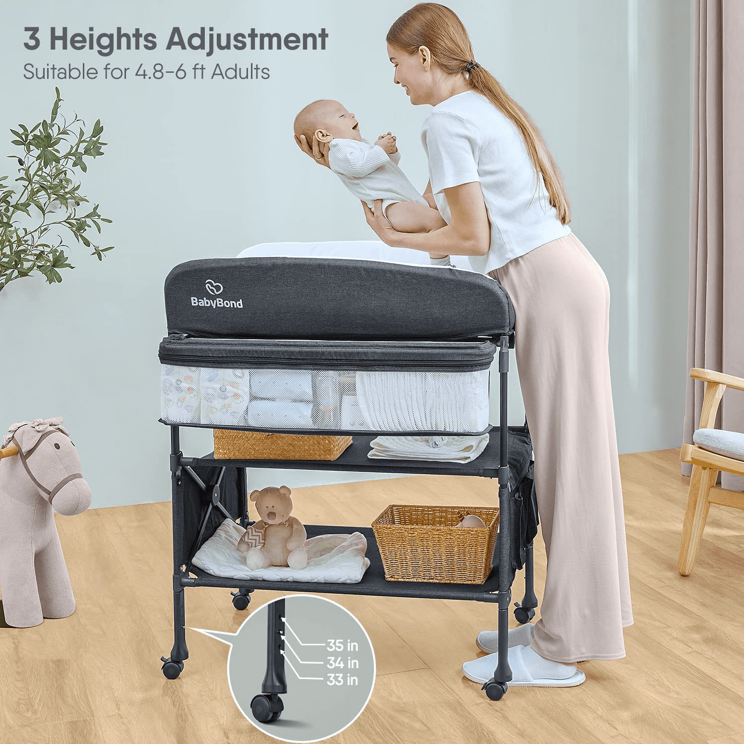 0-18 Month Newborn Baby Changing Table, Portable, with Storage Space, Height-Adjustable, with Wheels