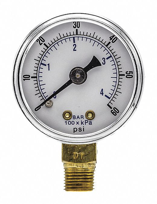 PIC Gauge 103D-158D 1.5 Dial Chrome Bezel and Plastic Lens 1/8 Male NPT Connection Size U-Clamp Panel Mount Dry Pressure Gauge with a Chrome Plated Steel Case Brass Internals 0/60 psi Range